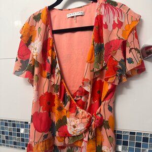 Trina Turk Floral Wrap Top with Ruffles | Size L | Statement Blouse